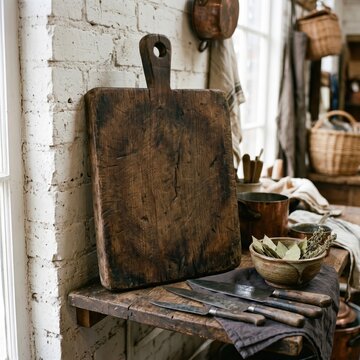 Vintage rustic wooden cutting board leaning against white brick wall, antique dark wood bread board in farmhouse kitchen, weathered culinary background