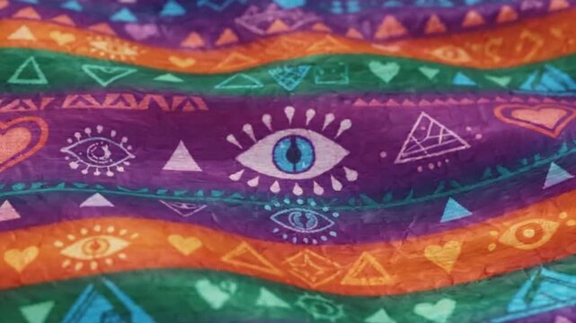 Vibrant colorful fabric with eye and heart patterns on wavy stripes of purple, orange, green, and blue hues with white and yellow details