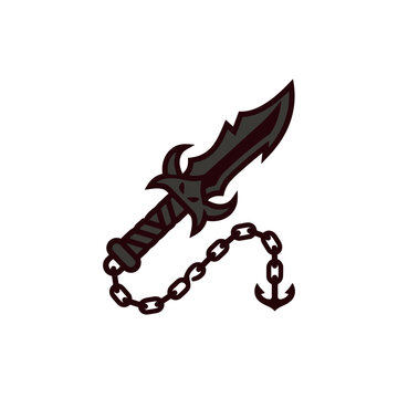 A dark fantasy dagger with a jagged blade and metal chain