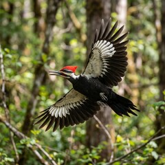 Obraz premium Pileated Woodpecker Flying Through a Lush Green Forest