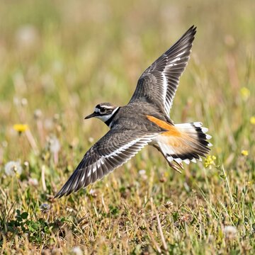 Killdeer bird in flight over a grassy summer meadow