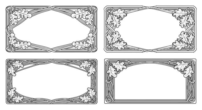 Ornate Art Nouveau frame collection showcasing detailed oak foliage and symmetrical vine motifs suitable for classic spirit packaging and elegant product branding.