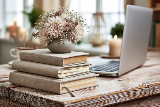  Scandinavian interior aesthetic, laptop with neutral toned notebooks, airy and clean composition