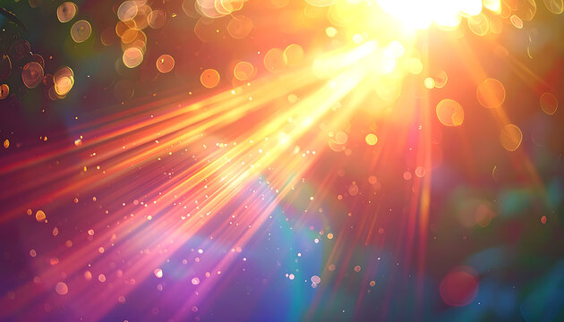 vibrant sun rays with golden bokeh particles and lens flare, summer glow background, festive celebration, magical atmosphere, warm light effect