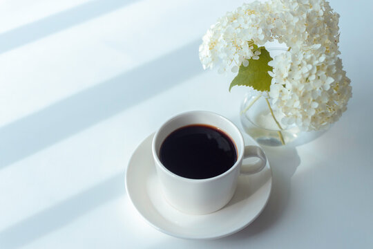Black coffee and white Annabelle hydrangea with soft natural light