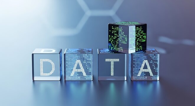 3d blocks spelling out data with binary code on a blue gradient background