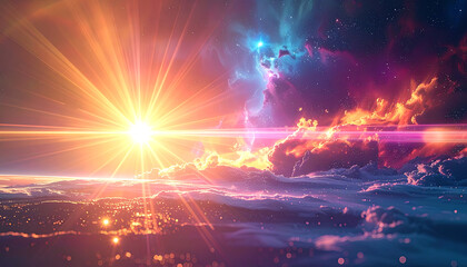 Fototapeta premium vibrant sunset over clouds with glowing lens flare and celestial cosmic nebula atmosphere