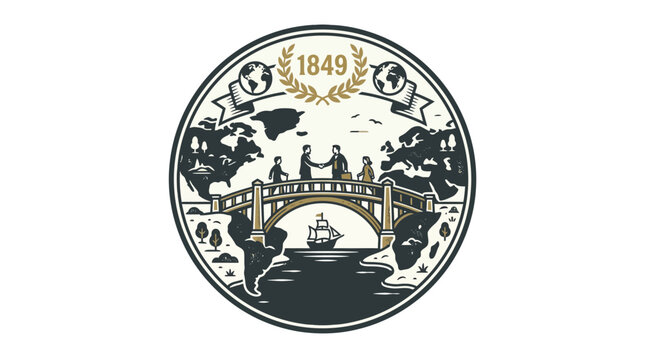 Global Partnership: Bridge, Business Handshake, Earth, Sailing Ship, 1849 Emblem