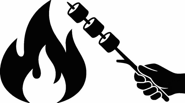 Silhouette of hand roasting marshmallows over a campfire, black and white illustration.