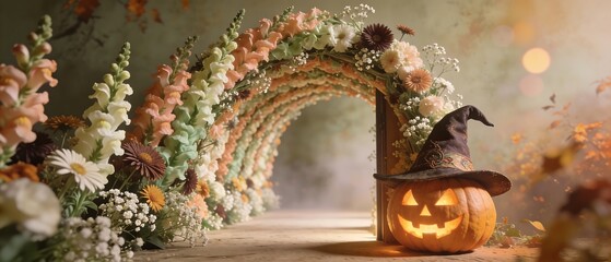 Obraz premium Whimsical Halloween pumpkin with witch hat in floral archway