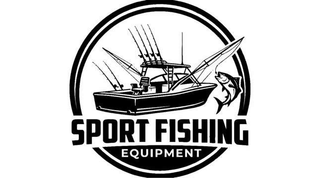 Sport Fishing Boat Emblem with Marlin Fish and Fishing Rods