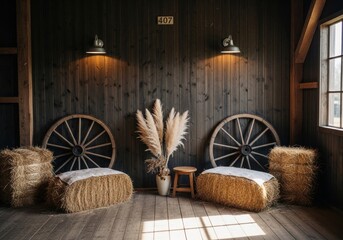 Obraz premium Rustic interior with wagon wheel chairs and dried flowers