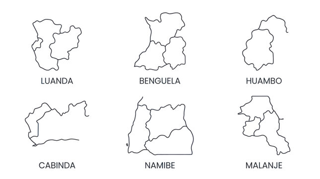 Provinces of angola line art map collection for luanda and namibe
