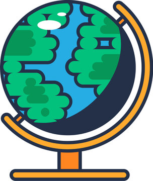School globe on stand. Model of planet Earth with continents for studying structure of hydrosphere and continents. Futuristic stroked shadows and highlights vector isolated on white background