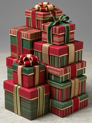 Obraz premium Festive Stack of Holiday Presents Wrapped in Red, Green, and Gold Plaid Ribbon