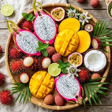 Top-down view of a vibrant tropical fruit platter featuring dragon fruit, mango, and rambutan on a rustic wooden background.