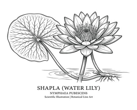 Water lily scientific illustration in water.