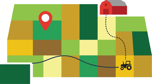 Agricultural land map shows a tractor moving towards a red barn with a location pin indicating a field.
