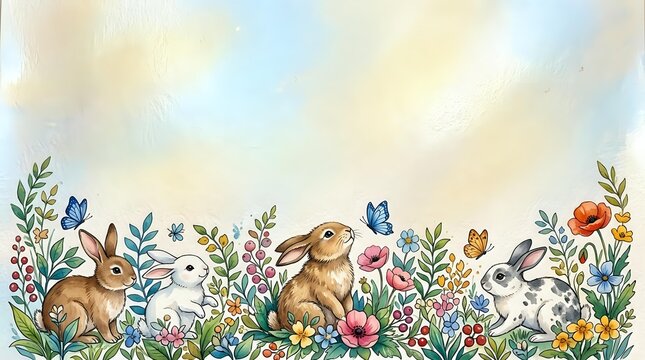 Cute rabbits and hares surrounded by colorful wildflowers and botanical elements in a whimsical garden scene, perfect for children's book illustrations, nursery decor, and springtime designs.