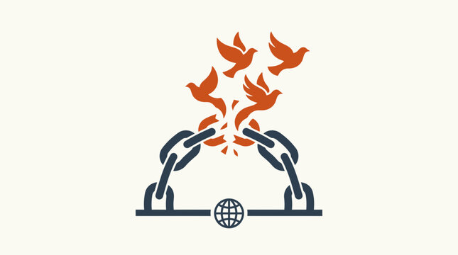 Freedom concept: Broken chains, flying doves, and globe, symbolizing liberation and global peace.