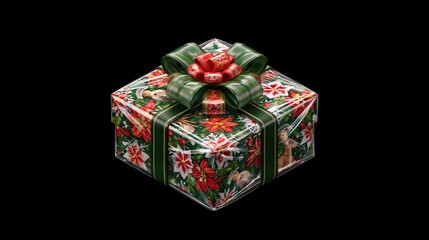 Obraz premium Festive Christmas Gift Box Wrapped in Poinsettia and Holly Pattern with Green Ribbon Bow