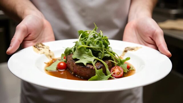 Hands present a plated dish. Dish features a patty and greens. Tart cherry halves garnish the plate. Sauce pools beneath the ingredients. Plated food looks fresh and appealing