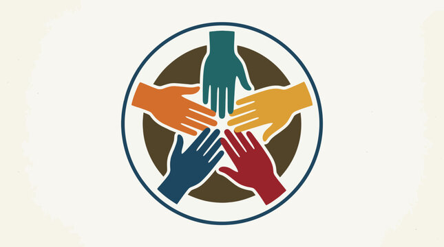 Diverse hands reaching together in a star formation, symbolizing unity and teamwork.