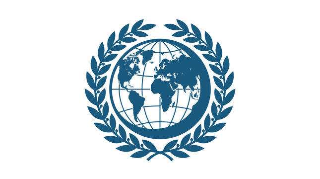 Global Network Connection Globe Emblem with Laurel Wreath - Blue and White