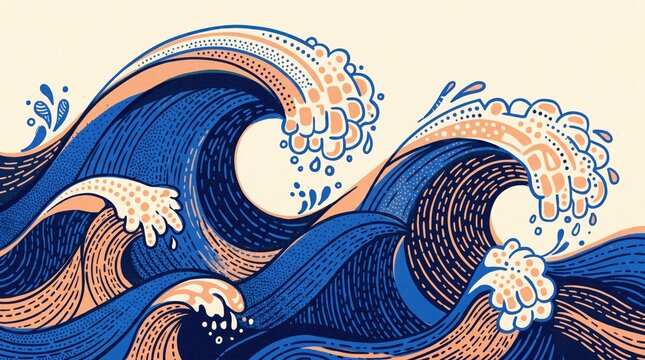Japanese style ocean wave illustration, vintage ukiyo-e inspired sea waves, blue and beige nautical woodblock art for traditional decor