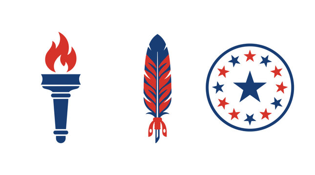 Three patriotic flat vector icons featuring a burning torch a quill feather and star circle