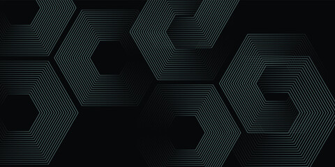 Dynamic turquoise neon hexagonal lines form a striking geometric pattern on a black background, evoking modern technology, futuristic design, and digital aesthetics © sofyanmardianto