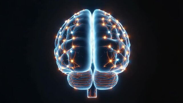 Glowing brain with interconnected neural pathways pulses against dark background