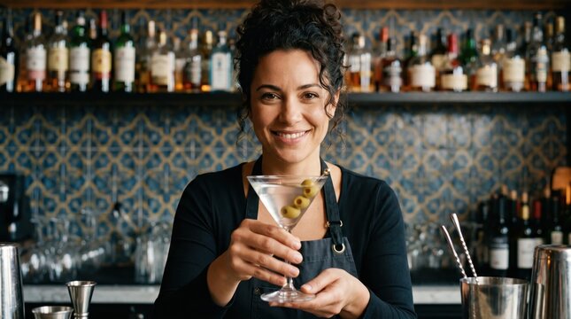 Smiling female bartender holding a classic martini cocktail with olives, professional mixologist at a stylish bar, elegant lounge hospitality concept