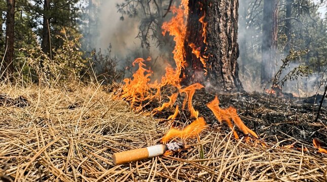 Conceptual shot of a discarded cigarette butt starting a destructive wildfire burning trees in a dry pine forest