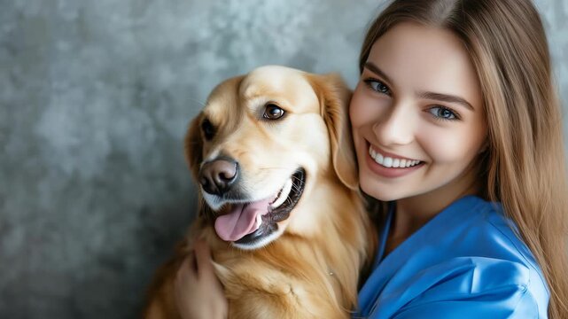 A heartwarming portrait features a beaming young woman in medical scrubs, affectionately hugging a cheerful golden retriever against a soft-focus backdrop, capturing a moment of care and happiness.