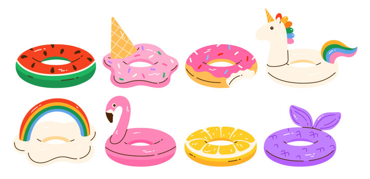 Cute inflatable pool rings set. Swimming float rings in various shapes: watermelon, donut, ice cream, unicorn, rainbow, flamingo, lemon, mermaid. Isolated vector illustration in cartoon style