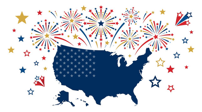 Blue map of the United States featuring festive red white and gold firework star illustrations