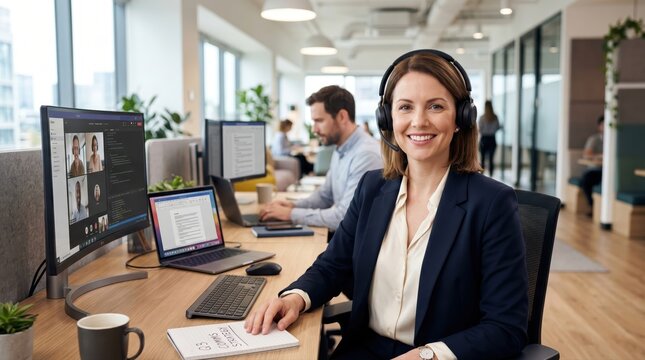 Professional customer service representative wearing headset in modern office, smiling female call center agent at desk, corporate telemarketing support