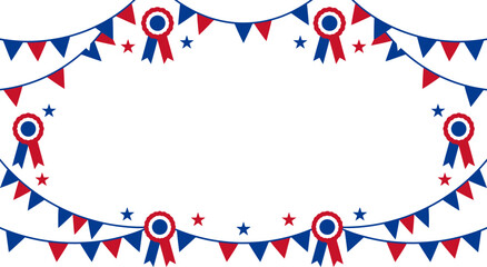 Obraz premium Bunting garland with triangular flags and circular rosettes hangs across a blank background for a festive celebration.