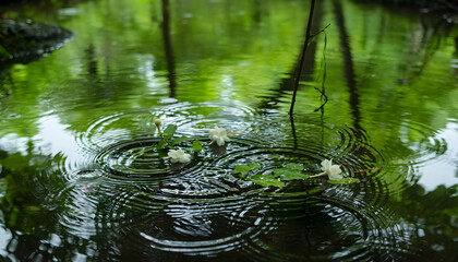 Fototapeta premium Raindrops falling on water with jasmine flowers