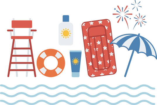 Beach vacation essentials including a lifeguard chair, life buoy, sunscreen, and pool float are arranged near the water.