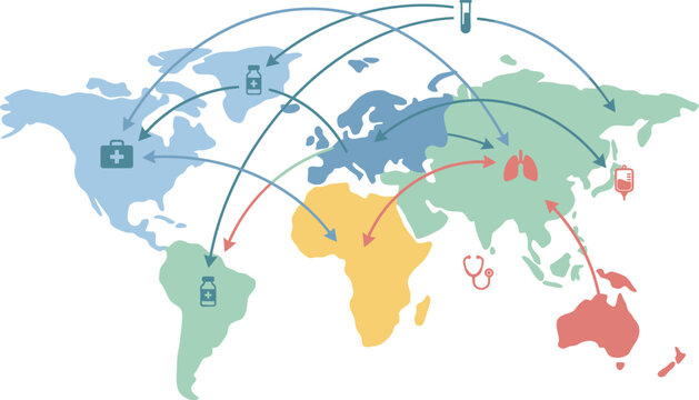 World map displays global health connections with icons for medicine, lungs, and medical equipment.