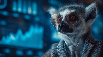 Fototapeta premium A dressed-up lemur in a suit and glasses looks confidently at a digital display of graphs and data.