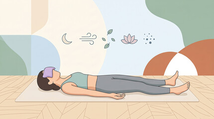 Obraz premium Woman relaxing on mat with eye mask, practicing mindfulness