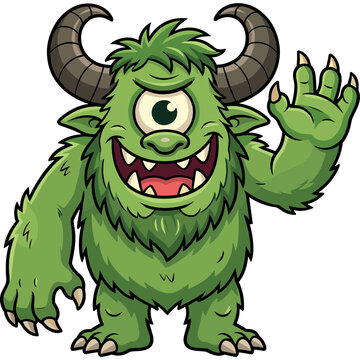 A green monster with horns and sharp teeth waves its hand in a friendly cartoon illustration.