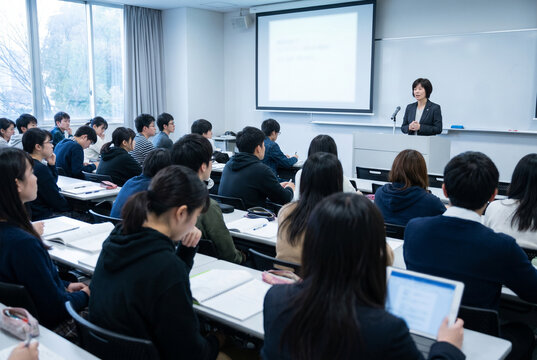 Group of diverse Asian university students listening attentively to a female professor during a lecture in a classroom