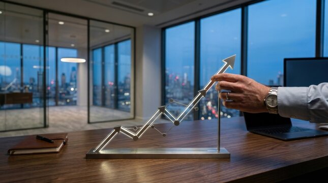 A man's hand holding a detailed model of a city as a representation of business trajectory and focus on growth