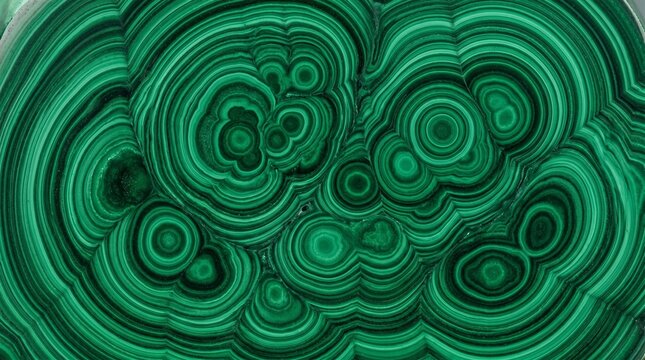 Natural malachite stone background featuring deep green vibrant circular patterns and concentric bands of rich mineral texture creating a sophisticated abstract surface design for elegant visual decor