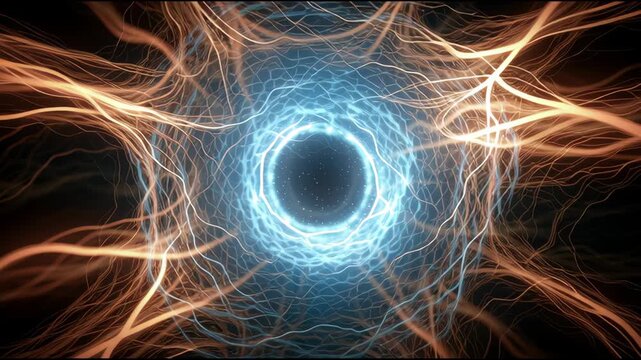 Light pulses and energy patterns shift in four frames, creating a dynamic flow of bright colors against a dark backdrop.