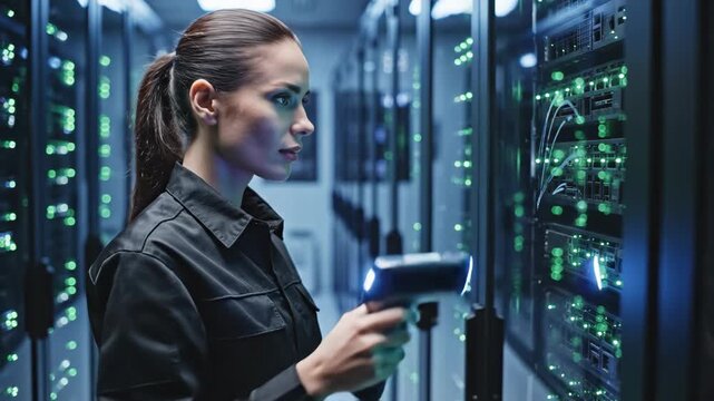 caucasian female it technician using barcode scanner in modern data center. woman engineer checking server racks with glowing green lights. network maintenance, hardware inventory, cybersecurity.